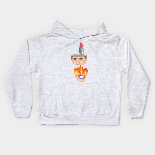 The head is split in half and the love rocket is passed through Kids Hoodie by tepy 